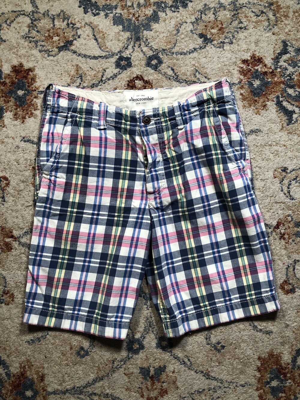 Vintage Abercrombie & Fitch Cargo Shorts Teens 16 Madras Plaid Drawstring